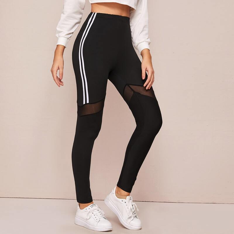 

Contrast Mesh Side Stripe Leggings, Black