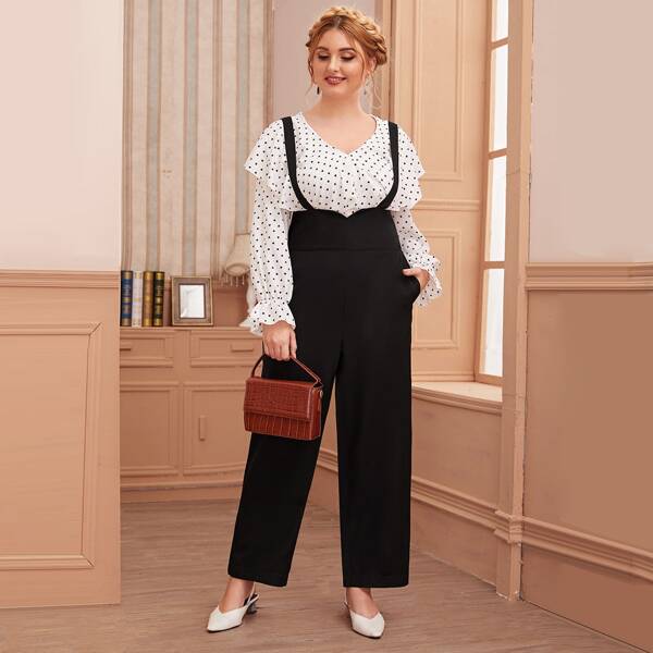 

Plus Wide Waist Solid Wide Leg Suspender Jumpsuit, Black