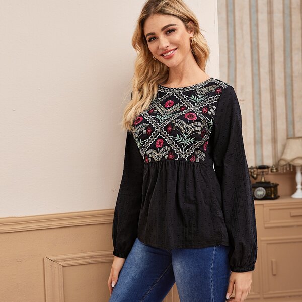 

Floral Embroidered Ruffle Hem Blouse, Black
