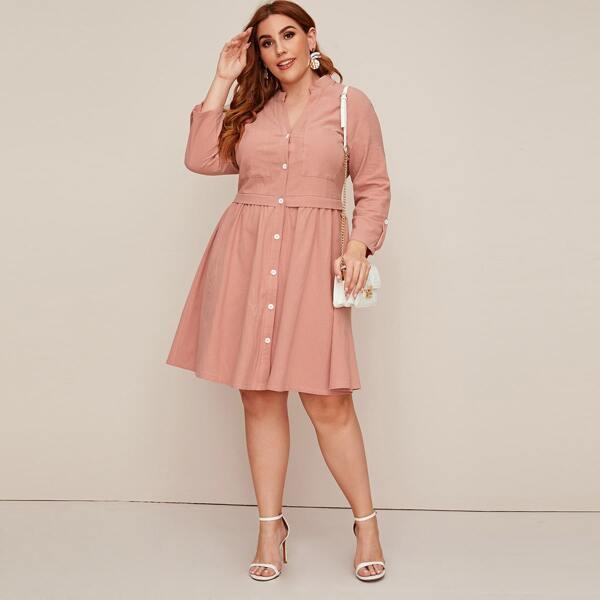 

Plus Notch Neck Dual Pocket Shirt Dress, Coral pink