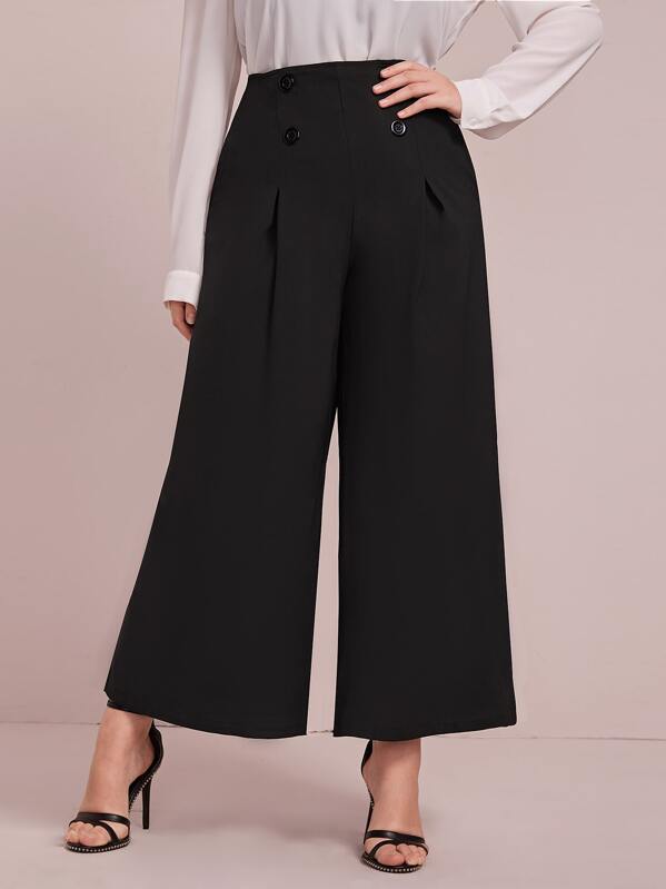 

Plus Double Button Wide Leg Pants, Black, Nora