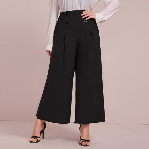 

Plus Double Button Wide Leg Pants, Black