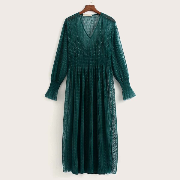 

Polka Dot Shirred Sheer Dress With Cami Dress, Green