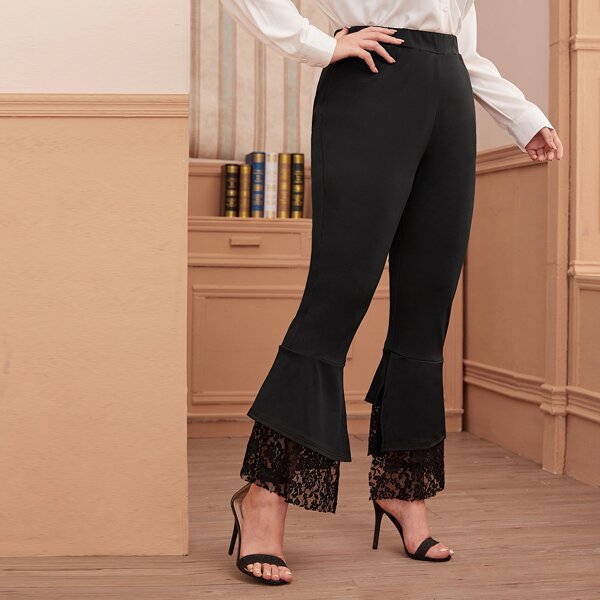 

Plus Contrast Lace Flare Leg Pants, Black