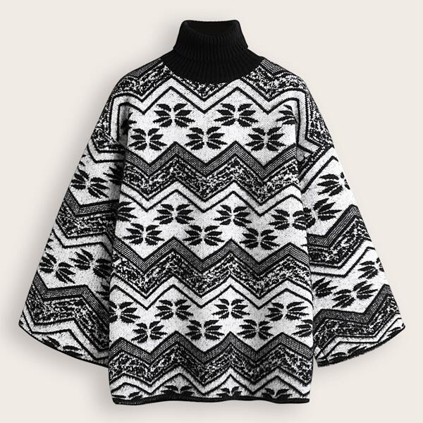

Turtle Neck Geo Print Drop Shoulder Sweater, Black and white