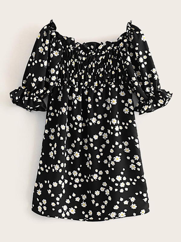 

Floral Print Flounce Sleeve Dress, Black