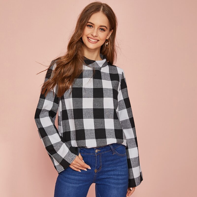 

Gingham Print Mock Neck Blouse, Black and white