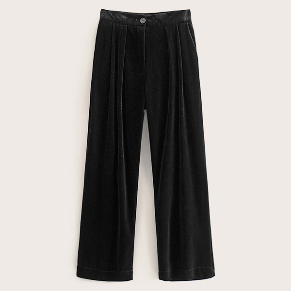 

Button Front Straight Leg Velvet Pants, Black