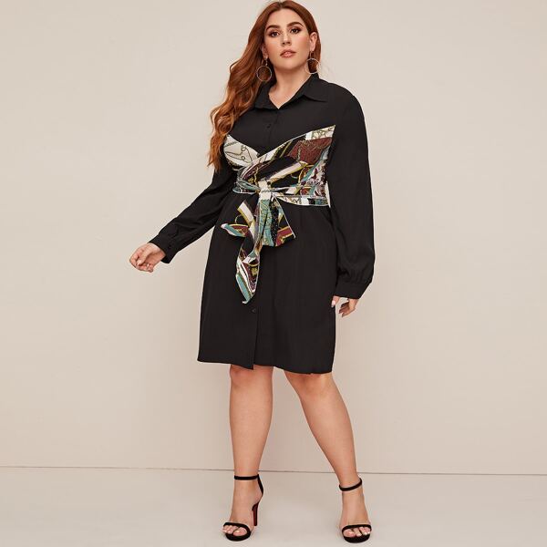 

Plus Scarf Print Belted Shirt Dress, Black