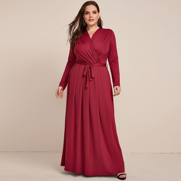 

Plus Belted Surplice Front Dress, Burgundy