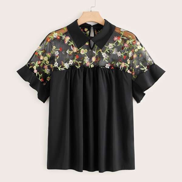 

Plus Contrast Mesh Floral Embroidered Blouse, Black