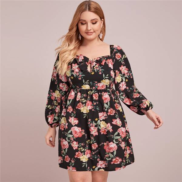 

Plus Tie Front Floral Print A-line Dress, Multicolor