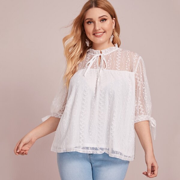 

Plus Frill Tie Front Blouse, White
