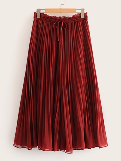 Drawstring Waist Frill Pleated Wide Leg Pants