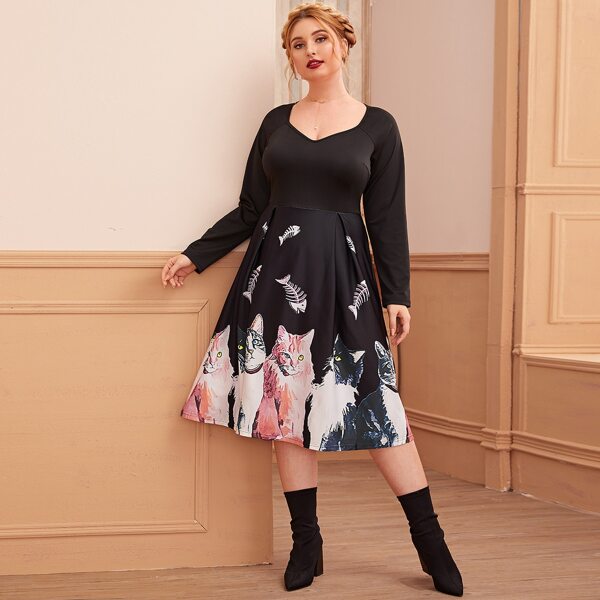 

Plus Cat & Fish Bone Print A-line Dress, Black