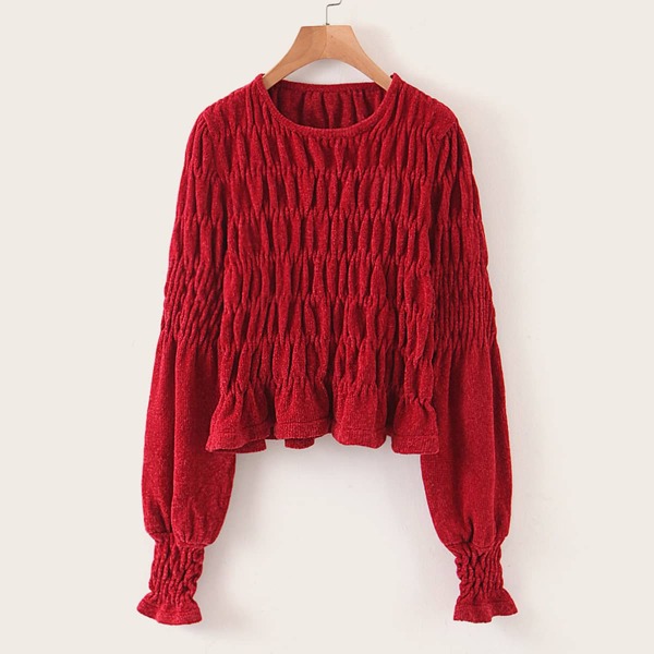 

Round Neck Shirred Detail Blouse, Red