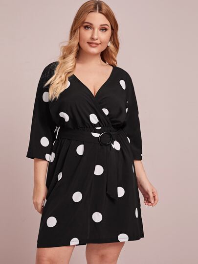 Plus Surplice Neck Polka Dot Belted Dress
