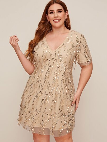 Plus Sequins Fringe Overlay Tunic Dress