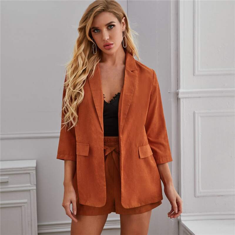 

Open Front Solid Blazer & Paperbag Waist Belted Shorts Set, Burnt orange