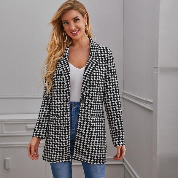 

Single Button Houndstooth Longline Blazer, Black and white