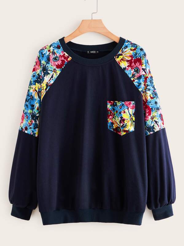 

Plus Floral Print Pocket Patched Raglan Sleeve Pullover, Navy, Lauren Searle