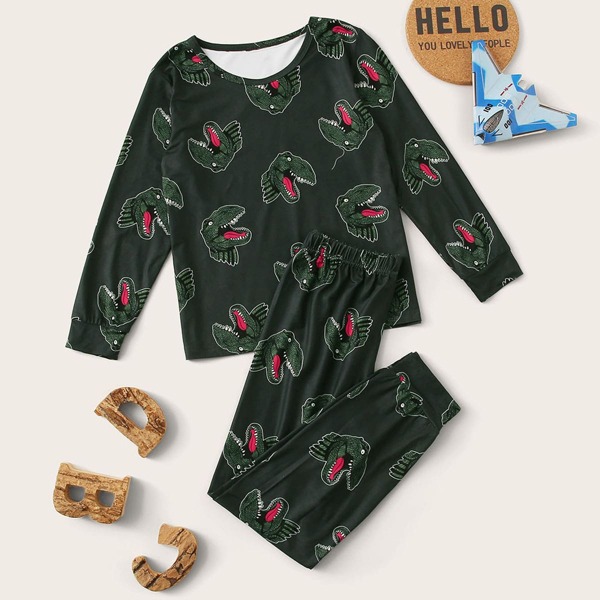 

Boys Cartoon Dinosaur Print PJ Set, Green