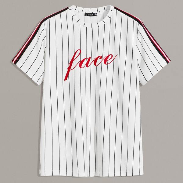 

Men Letter Embroidery Tape Shoulder Striped Top, White