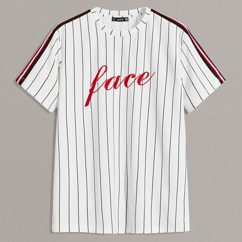 

Guys Letter Embroidery Tape Shoulder Striped Top, White