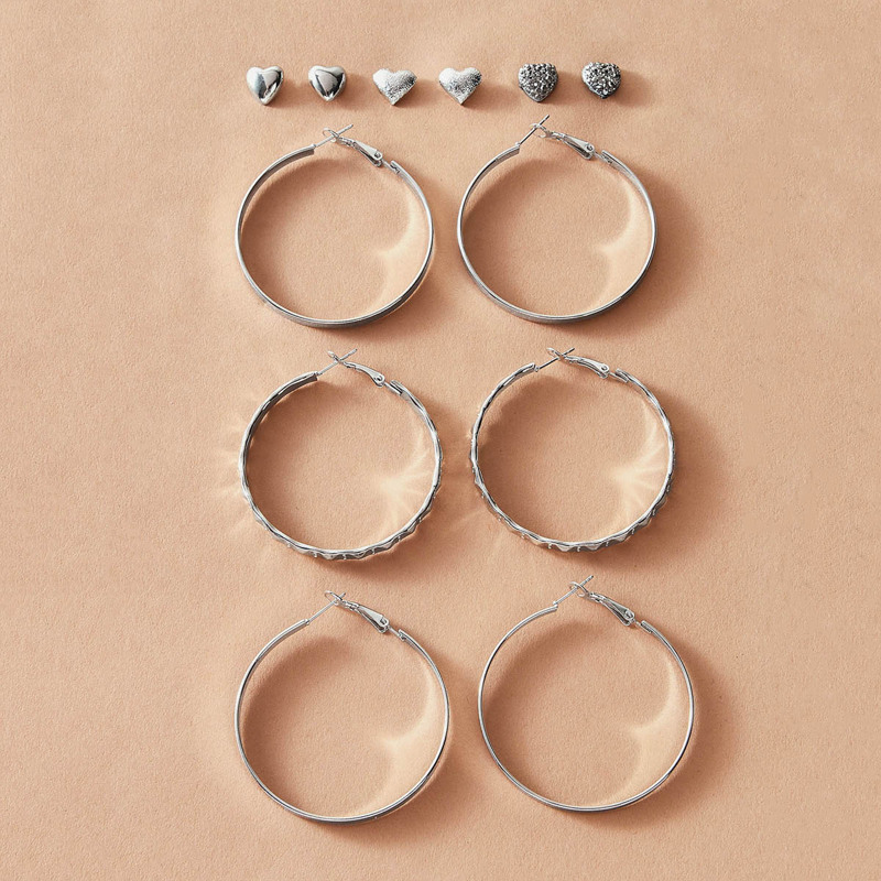 

6pairs Heart & Circle Shaped Earrings, Silver