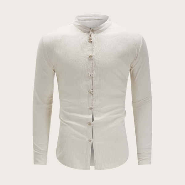 

Men Stand Collar Button Up Shirt, Beige