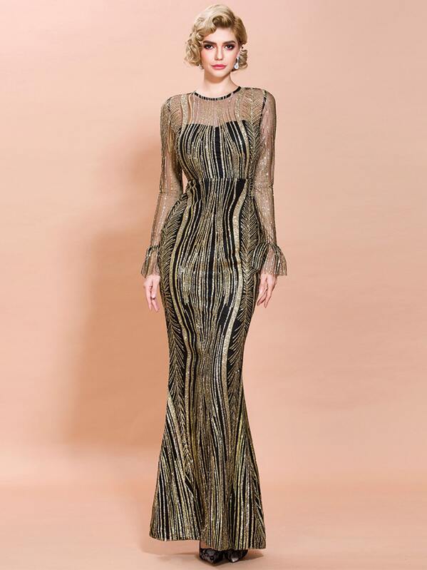 

Missord Flounce Sleeve Glitter Mesh Fishtail Dress, Gold, SASHA S