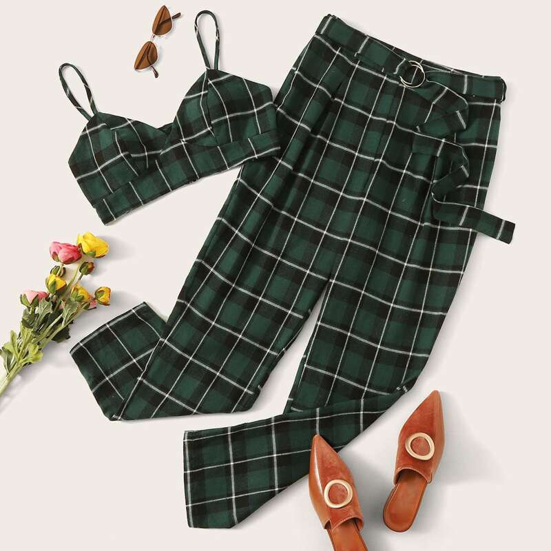 

Plaid Bralette Top and Ring Belted Pants Set, Dark green