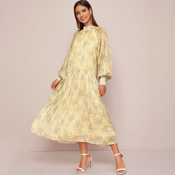 

Mock Neck Lantern Sleeve Smock Dress, Yellow