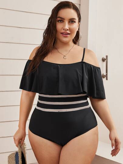 Plus Contrast Mesh Flounce One Piece Swimwear