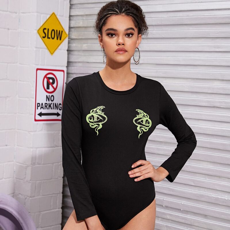 

Snake Print Long Sleeve Bodysuit, Black