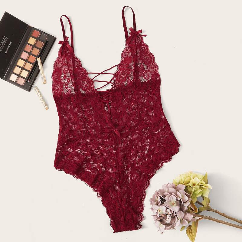 

Lace-up Front Floral Lace Teddy Bodysuit, Red