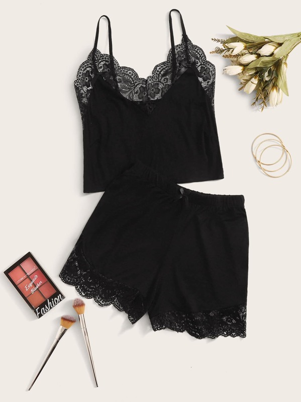 

Cami Top With Contrast Lace Shorts Lingerie Set, Black