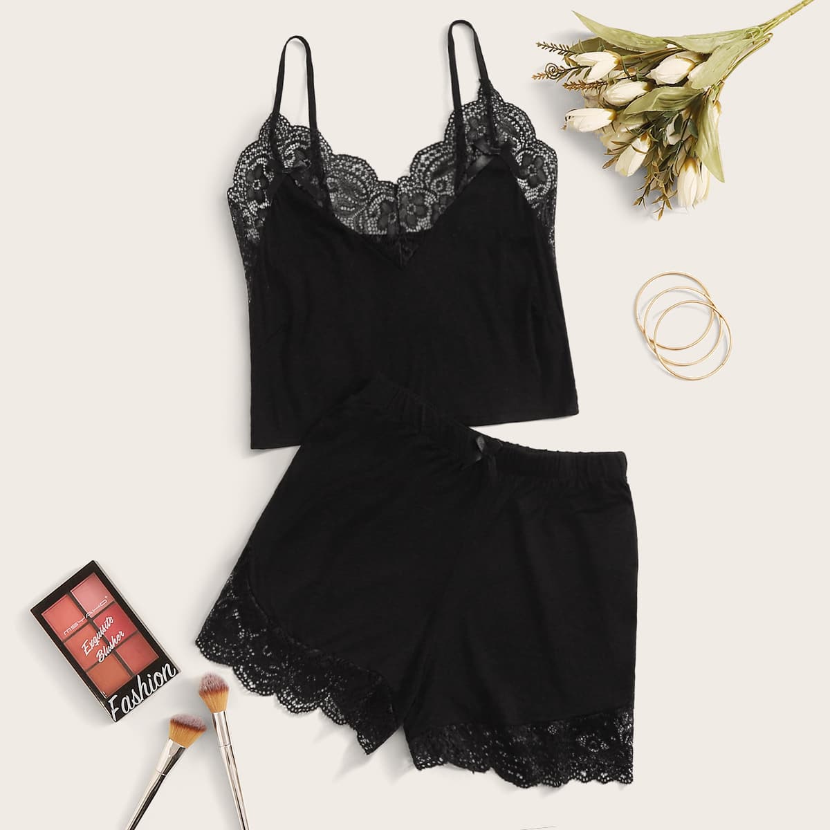 

Cami Top With Contrast Lace Shorts Lingerie Set, Black