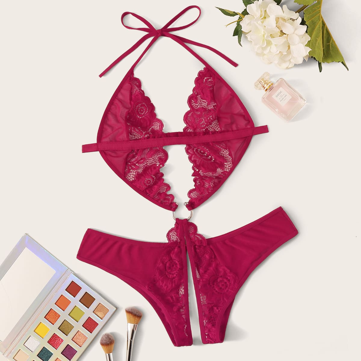 

Ring Linked Contrast Lace Halter Lingerie Set, Rose red