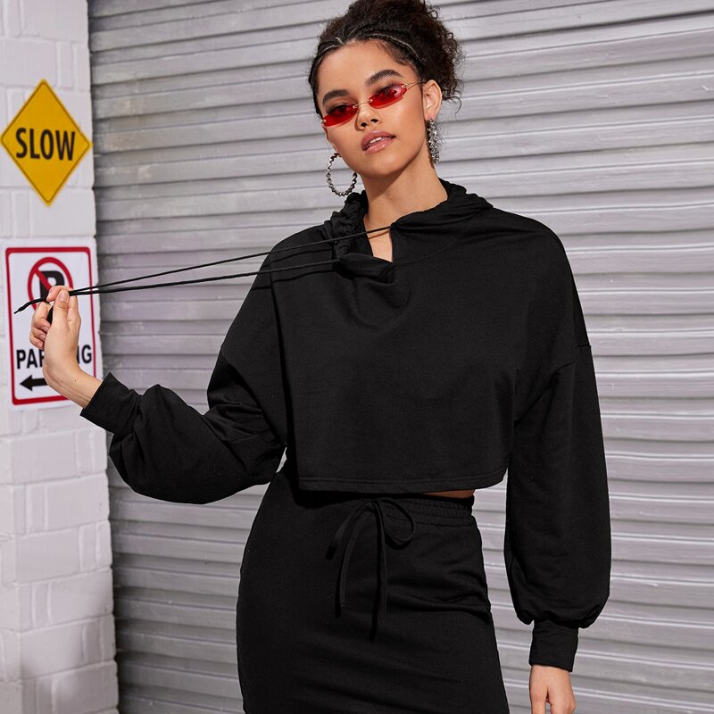 

Drop Shoulder Drawstring Hoodie & Bodycon Skirt Set, Black