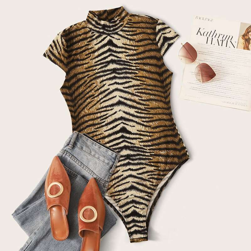 

Mock Neck Cap Sleeve Tiger Print Bodysuit, Multicolor