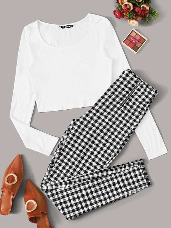 

Scoop Neck Solid Top & Zipper Detail Gingham Pants Set, Black and white