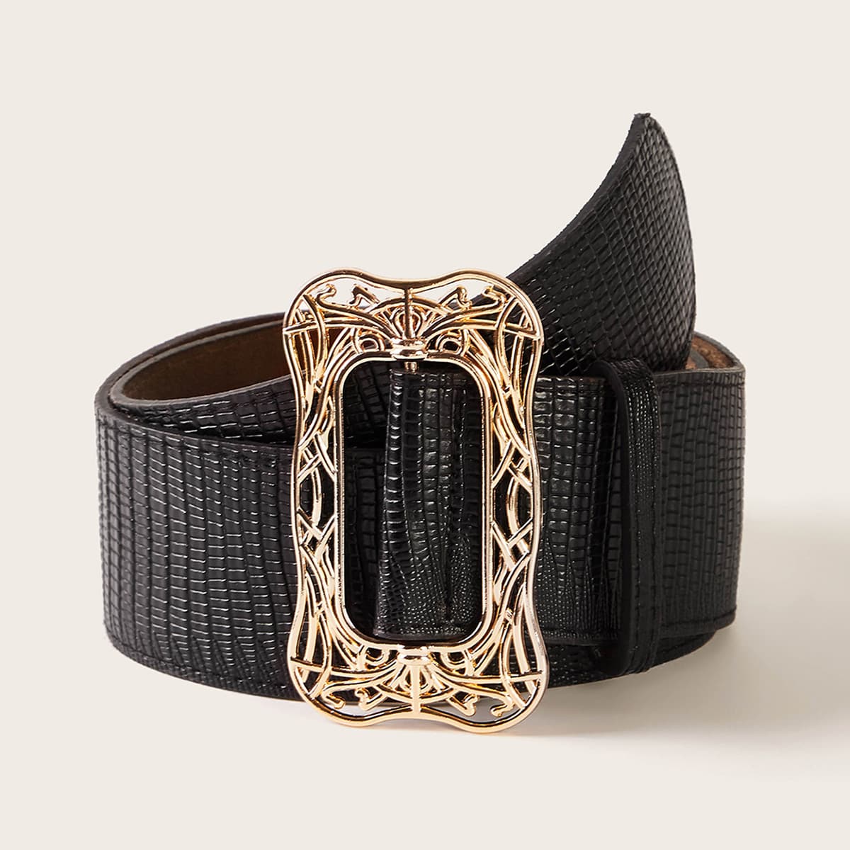 Lizard Pattern Metal Buckle Wide Belt, Black