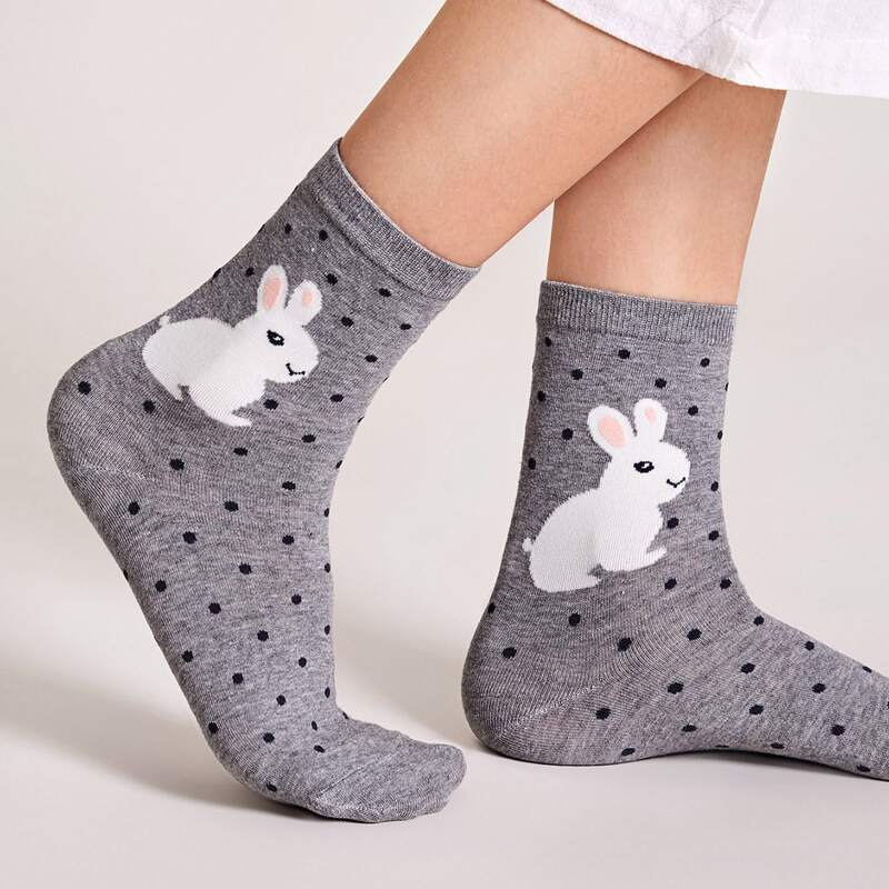 

1pair Rabbit & Polka Dot Pattern Socks, Grey