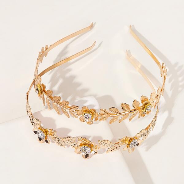 

2pcs Rhinestone Decor Flower Hair Hoop, Gold