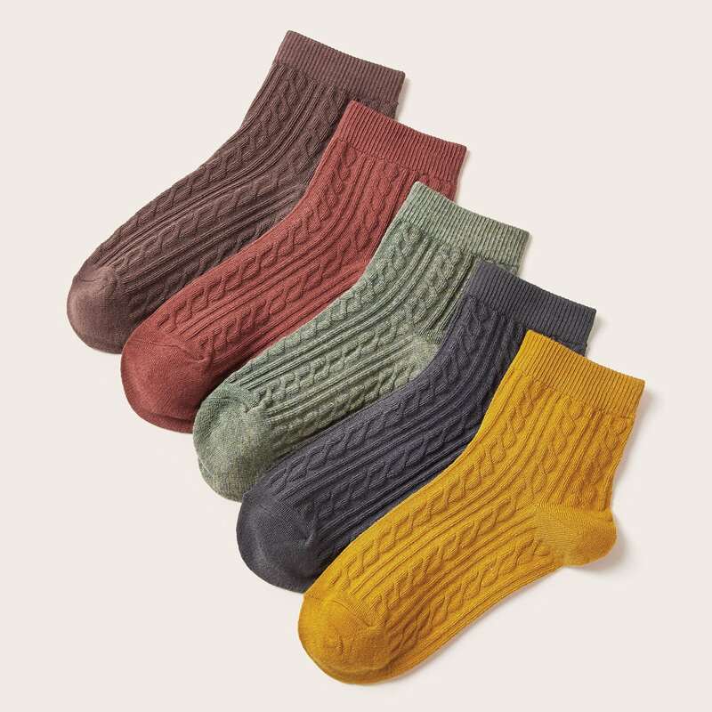 

5pairs Solid Braided Socks, Multicolor