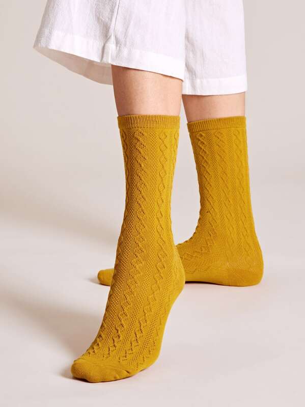 

1pair Solid Braided Socks, Yellow