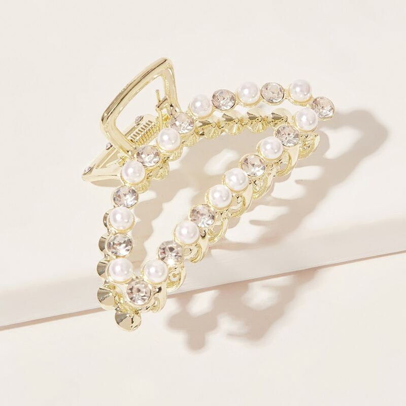 

Rhinestone Engraved & Faux Pearl Decor Hair Claw, Gold
