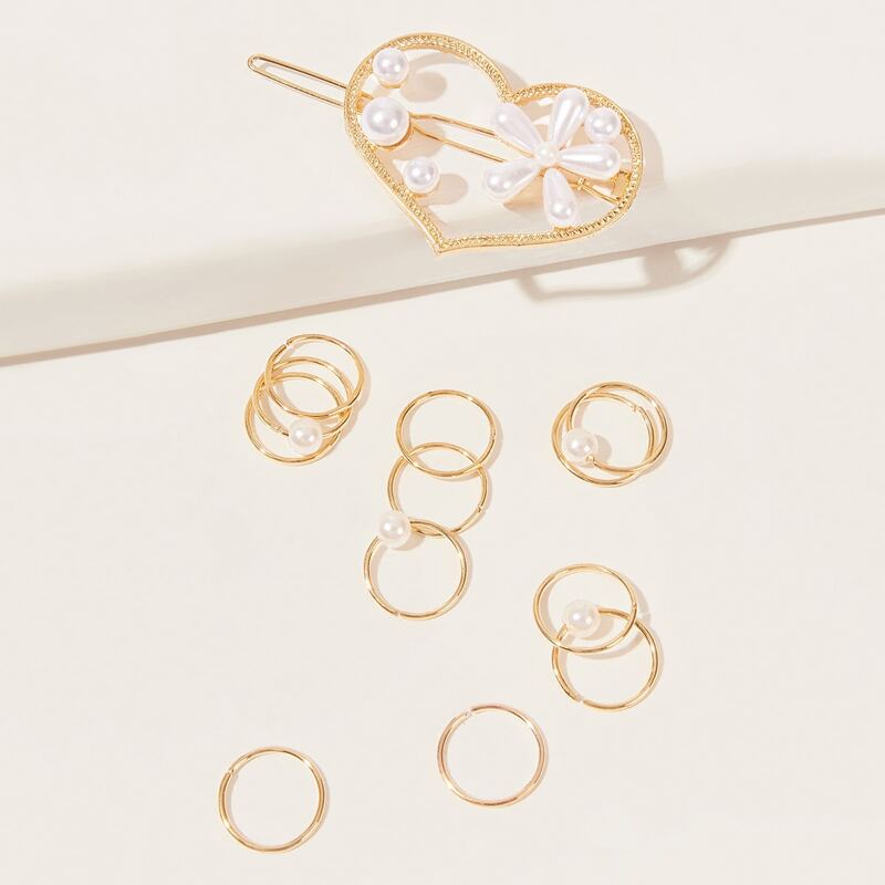 

13pcs Faux Pearl Decor Hair Clip & Hair Charm, Gold