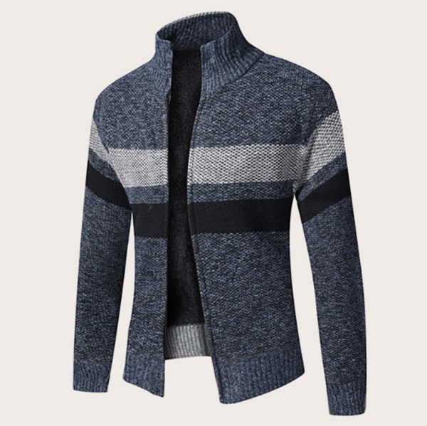 

Men Contrast Panel Stand Collar Cardigan, Navy